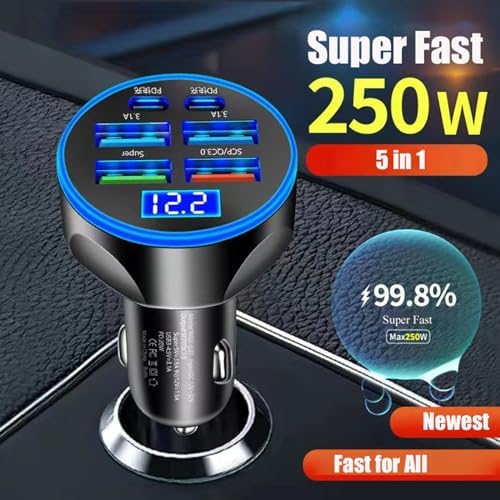 Ultra-Fast 250 W USB-C Car Charger Adapter with Voltage Display – 6-in-1 Multi-Port Solution for i Phone, Samsung Galaxy, Huawei, One Plus, Oppo, and Vivo – Efficient Charging on the Go for Tech-Savvy Drivers