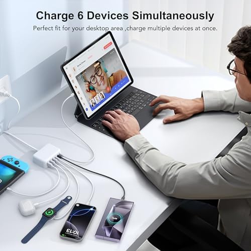 BREEKET 100 W USB C Fast Charger Hub – 6-Port Ga N Charging Station with 3 USB-A & 3 USB-C Connections – High-Speed Wall Adapter for i Phone 15/14/13/12/11 Pro Max, i Pad, Google Pixel & Samsung Galaxy Devices – Compact, Safe & Stylish Power Solution