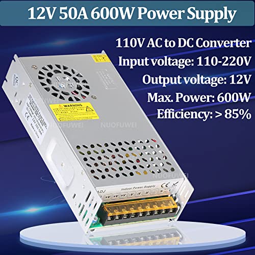 600 W 12 V DC Power Supply – 50 A AC to DC Converter for Electronics, CCTV, 3 D Printers & Car Audio Systems – Reliable and Efficient Power Source for Motors and Security Applications