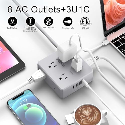 Maximize Your Power Management with a 6 Ft Surge Protector Power Strip – 8 Outlet Extension Cord Featuring 4 Fast USB Charging Ports (1 USB-C), Ideal for Home Office Convenience and Safety, ETL Listed for Enhanced Surge Protection and Compatibility
