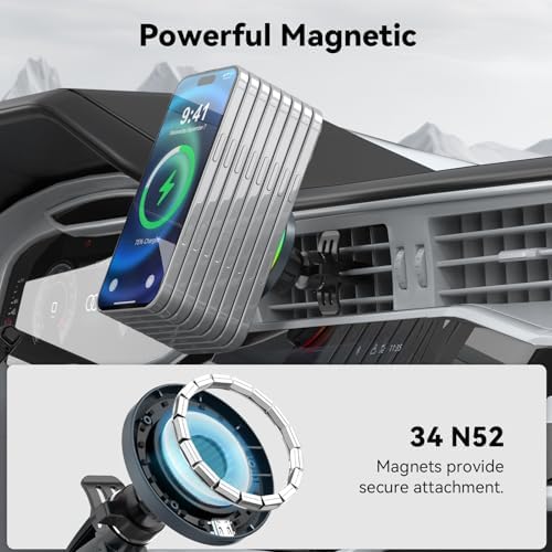 Mag Safe Car Mount Charger for i Phone 12-16 Pro Max | 15 W Fast Wireless Charging Magnetic Phone Holder | Durable Zinc Alloy Construction | Sleek Cool Grey | Effortless Air Vent Installation for Ultimate Convenience and Stability