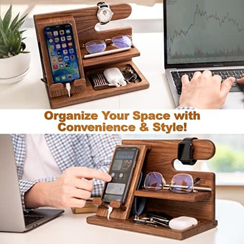TESLYAR Wood Phone Docking Station for Men – Desktop or Nightstand Organizer – Birthday Gifts for Men, Dad – Anniversary Idea from Wife – Key Holder, Stand Wallet, Watch & Essentials (Antique Brown) – Enhanced Compatibility and Speed