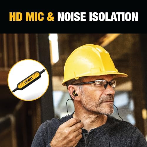 DEWALT Heavy Duty Bluetooth Neckband Earbuds for Professionals – Wireless 5.2 Headphones with IP56 Waterproof Protection, 20-Hour Playtime, Deep Bass Audio, and Built-in Microphone for Clear Calls – Ultimate Comfort and Durability for Jobsite Use