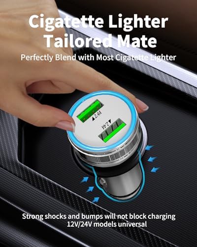 Dual-Port 24 W Fast Charging USB Car Charger – Universal Compatibility for i Phone, Samsung Galaxy, and Android Devices – Compact 4.8 A Power Adapter for On-the-Go Charging – Safe, Reliable Cigarette Lighter Charger Perfect for Families and Road Trips