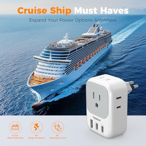 TESSAN Universal European Travel Power Adapter – 3 High-Speed USB Ports (2 USB-C) & 4 AC Outlets for Seamless Device Charging Across France, Germany, Spain, Greece & More – Compact Multi-Port Solution for Global Travelers – Ultimate Type E/F Plug Converter for Efficient Connectivity