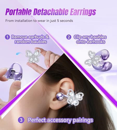 Stylish King Lucky Bluetooth 5.4 Clip-On Earbuds with Chic Detachable Butterfly Earrings – Waterproof Open Ear Design for Ultimate Comfort, 50-Hour Playtime Perfect for Festivals and Parties, Luxurious Rose Gold Gift for Discerning Women