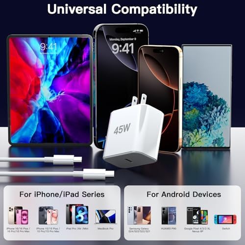 Ultimate 45 W USB-C Fast Charger with 6 FT Type C Cable for i Phone 16 Pro Max – Rapid Power Delivery for i Phone 15 Models & S25 – Lightweight & Durable Design for On-the-Go Charging Efficiency
