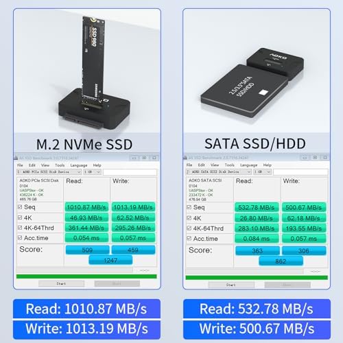 AOKO USB to SATA NVMe Adapter – Ultra-Fast 10 Gbps External SSD Enclosure for 2.5″/3.5″ HDD/SSD Compatibility with 12 V/3 A Power Adapter – Ideal for Seamless Data Transfers and Storage Upgrades