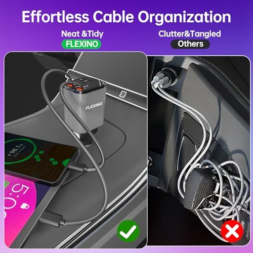 Premium Flexino Compact Retractable Car Charger for i Phone 16 – 69 W Fast Charging with Dual 2.6 ft USB C Cords | Efficient Power Adapter Compatible with i Phone 16/15/14/13/12 Series & Galaxy Devices | Sleek Grey Design for Ultimate Portability and Reduced Cable Clutter