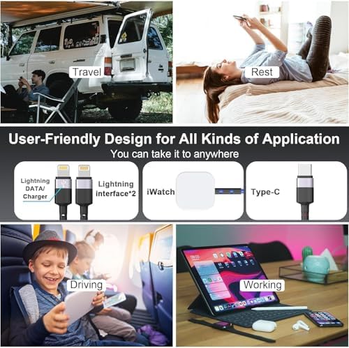 Universal 4-in-2 Travel Charging Cable – 6 FT Versatile Connector for Apple Watch, i Phone, Android Devices, i Pad & Air Pods – Stylish Pink Design for Effortless Portability – Fast Charging & Enhanced Compatibility for All Your Tech Needs – Essential Travel Accessory for Modern Device Users