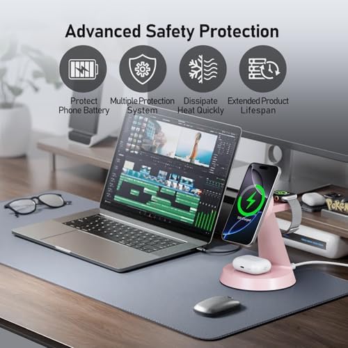 Sleek Pink 3-in-1 Wireless Charging Station for Apple Devices – 15 W Mag Safe Fast Charger Stand for i Phone 16/15/14/13/12, Air Pods & i Watch – Magnetic Alignment for Effortless Power-Up & Clutter-Free Workspace