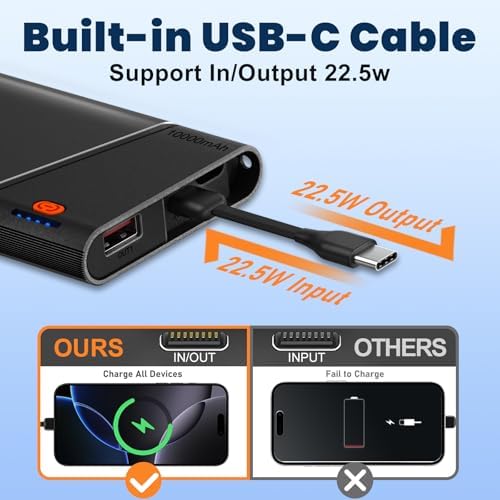 Ultra-Slim 10000 m Ah Power Bank with 22.5 W PD Fast Charging – Built-in USB-C Cable for i Phone 16/15/14, Samsung S24 & More – Lightweight Travel Essential with 15-Layer Safety Protection & Multiple Device Charging Capability