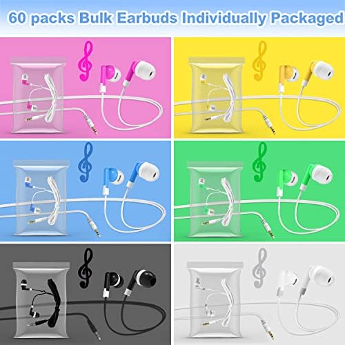 Bulk 60-Pack Colorful Student Earbud Headphones – Classroom & Library Essential, Individually Bagged for Easy Distribution – Lightweight, Durable, and Universally Compatible – Transform Learning with Engaging Audio Experiences