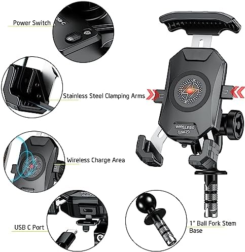 i MESTOU Wireless Phone Charger & Anti-Theft Motorcycle Mount – Fast 15 W Quick Charge with 720-Degree Rotation, USB-C 3 A Compatibility, Secure 1″ Ball Phone Holder for 4.0-7.0″ Smartphones – Innovative Handlebar Accessory for 12 V/24 V Vehicles