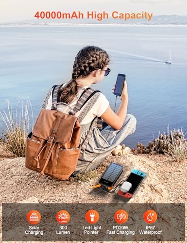 Ultimate 40000 m Ah Solar Power Bank with PD 20 W Fast Charging and Built-in Cables – Waterproof Portable Charger with Dual Bright Flashlights for Camping, Hiking, and Outdoor Adventures – Stay Connected Anywhere
