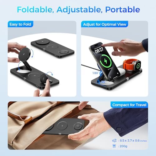 Ultimate 3-in-1 Wireless Charging Station for Apple Devices – Rapid 15 W Magnetic Charger for i Phone 16/15/14/13/12 Pro Max, Compatible with Apple Watch Series S2 to Ultra, Air Pods Pro/4/3/2 – Foldable Travel-Friendly Design for Effortless Charging Anywhere