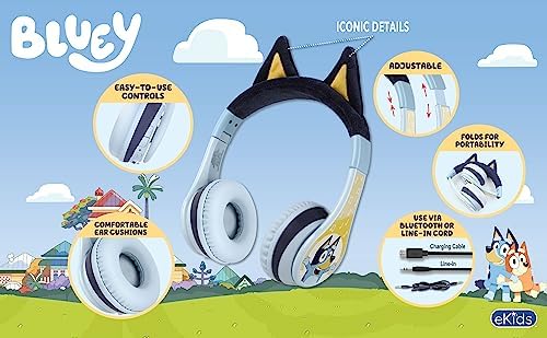 Bluey Kids Bluetooth Headphones – Safe Wireless Earphones with Volume Limiting Technology, Foldable for Easy Portability, and Integrated Microphone for Calls and Learning – Versatile Compatibility for Home, School, and Travel Use