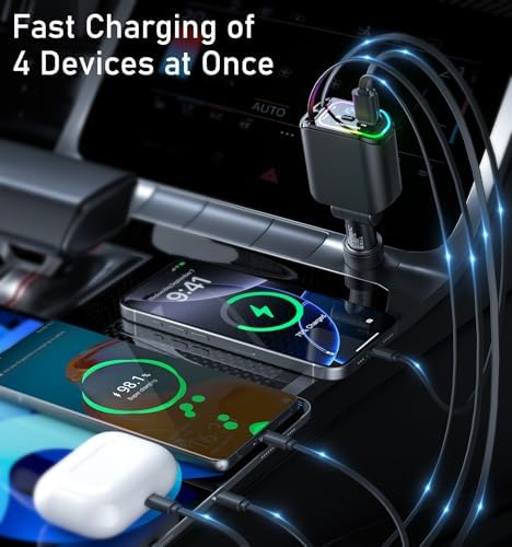 Ultra-Fast 100 W Retractable USB C Car Charger – 4-in-1 Multi-Device Fast Charging Solution with RGB Light for i Phone, Samsung, Android & Laptops – Compact Design for Effortless Portability and Tangle-Free Storage