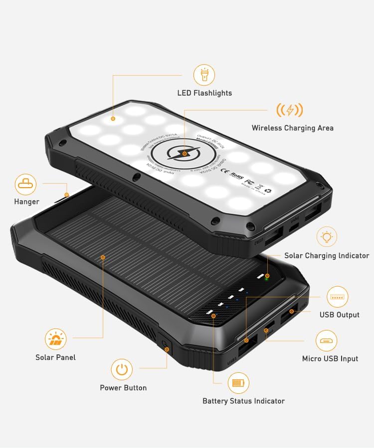 Ultimate Solar Power Bank 10000 m Ah – Versatile Wireless Charger with 20 LED Emergency Lights, Triple Device Fast Charging for Outdoor Adventures and Travel – Reliable, Eco-Friendly Power Solution for Camping and On-the-Go Charging