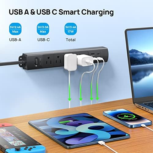 Ultra-Slim TROND Surge Protector Power Strip with 3 USB Ports & Type C – 4 AC Outlets for Maximum Device Protection & Charging Speed – 1440 J Surge Defense, ETL Listed, Space-Saving Wall Mount Design for Home Office & Dorm Use – Versatile Power Management Solution in Elegant Black