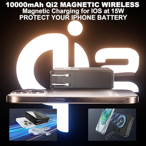 Magnetic 4-in-1 Universal Power Bank – 10,000 m Ah Qi2 Certified Travel Charger with Integrated Cables and 30 W Fast Charging – Versatile Compatibility for i Phone, Samsung, i Pad & More – Sleek LED Display, Built-in USB-C and Lightning Cable, Global Plug Adaptors – Effortless Wireless Charging Anywhere with Enhanced Portability and Efficiency