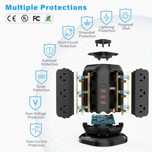 Ultimate Power Strip Tower with USB Ports – Ai Joy 12 AC Outlet Surge Protector and 4 USB Charging Station with 10 Ft Extension Cord, Overload Protection for Home, Office, and Dorm Use – Space-Saving Design for Enhanced Device Compatibility and Fast Charging