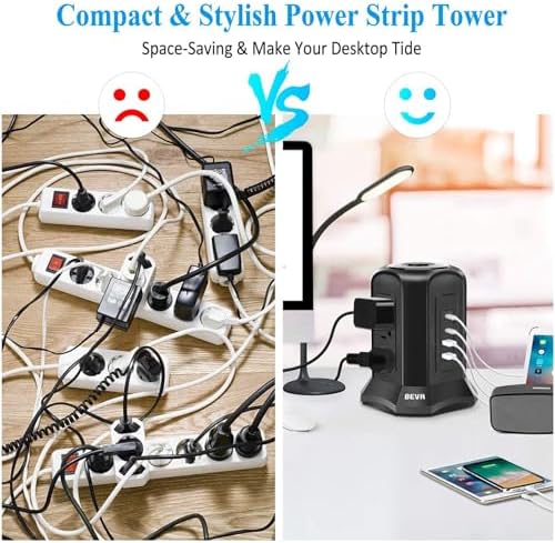 BEVA Tower Surge Protector Power Strip: 9 AC Outlets & 4 Fast-Charging USB Ports for Ultimate Device Connectivity, 6.5 FT 18 AWG Extension Cord with 3-Prong Flat Plug – Ideal Desk Charging Station for Office, Dorm & Home Use, Ensuring Safety & Efficiency