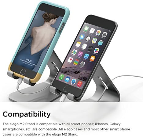 Enhance Your Smartphone Experience with the elago M2 Premium Aluminum Stand – Sleek Silver Ergonomic Design for Effortless Video Calls, Integrated Cable Management, and Universal Compatibility with i Phones and Galaxy Devices – Ideal for Streamlined Workspaces and Mobile Convenience