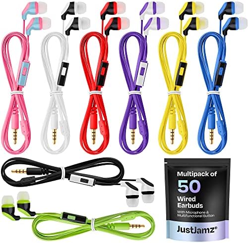 Bulk 50-Pack Wired Earbuds with Integrated Mic | Vibrant 8-Color Set for Educational and Public Spaces | Affordable 3.5 mm Headphones for All Ages | Ideal for Classes, Libraries, Museums, and Group Activities | Comfortable and Durable Audio Solution