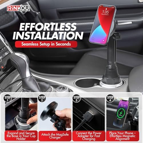 Mag Safe Cup Holder Wireless Charger Mount – 15 W Fast Charging Magnetic Phone Holder for i Phone 12/13/14, Adjustable Design with QC Adapter & Cable, Ultimate Driving Convenience for Enhanced Safety and Accessibility
