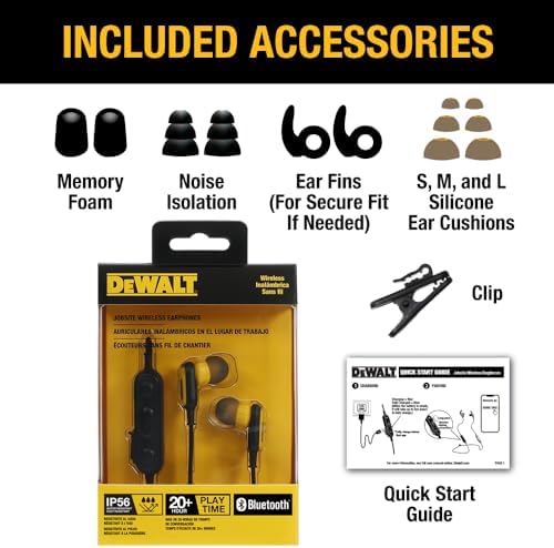 DEWALT Heavy Duty Bluetooth Neckband Earbuds for Professionals – Wireless 5.2 Headphones with IP56 Waterproof Protection, 20-Hour Playtime, Deep Bass Audio, and Built-in Microphone for Clear Calls – Ultimate Comfort and Durability for Jobsite Use
