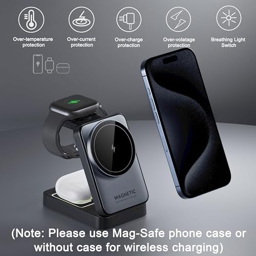 Compact 3-in-1 Foldable Wireless Charger for i Phone, Apple Watch & Air Pods Pro – 15 W Mag Safe Travel Charging Station in Sleek Black – Ultimate Portability & Intelligent Device Protection for i Phone 16-12 Compatibility