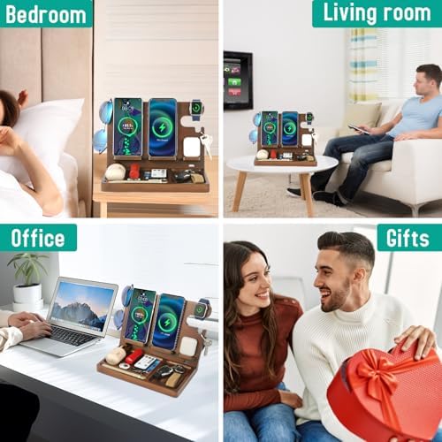 Eco-Friendly Wood Phone Docking Station with Dual 27 W Fast Charging for i Phone, Samsung, Apple Watch & Air Pods – Stylish Nightstand Organizer and Ideal Gift for Men and Women on Birthdays or Anniversaries