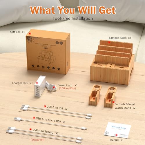 Eco-Friendly Bamboo Multi-Device Charging Hub: Efficient Organizer with Rapid Charge Technology and 5 Premium Cables for Phones, Tablets, Earbuds & Smartwatches – Elegant Power Station for Home & Office Efficiency
