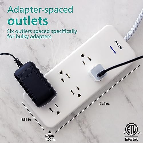 Philips EZFit Surge Protector with 3 Outlet Power Strip and 6 ft Braided Cord – Enhanced Charging Station Featuring 2 USB-A and 1 USB-C, 490 Joules of Surge Protection, Space-Saving Design in Sleek White for Home and Office Use