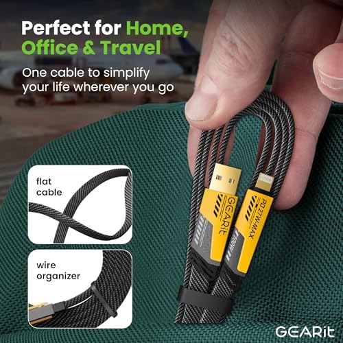Ultimate 4-in-1 Fast-Charging Cable by GEARit – 100 W USB-C, USB-A & Lightning Connectors for Seamless Multi-Device Charging – 4.6 Feet Tangle-Free Flat Design for Enhanced Portability – Compatible with i Phone, Mac Book Pro, Tablets & More – Elevate Your Power Experience with Superior Durability and Efficiency