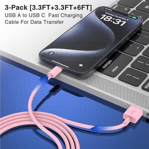 3-Pack Black [3.3FT+3.3FT+6FT] USB A to USB C Cable，USB to USB C Car Carplay Cable for iPhone 16 15 Pro Plus Pro Max，for iPad Pro/Air/Mini，for Samsung S24/S23/S22，for MacBook Pro/Air and More – Enhanced Compatibility and Speed