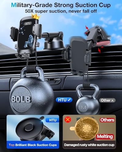 Military-Grade Universal Car Phone Holder – Enhanced 2025 Suction & Clip Technology for i Phone 16 Pro Max, 15 & Samsung – Adjustable Dashboard, Windshield, Air Vent Mount for Optimal Viewing & Safety – Durable Black Design for Secure Smartphone Access