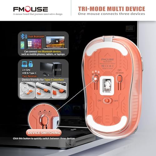 Sleek Dual Connectivity Transparent Wireless Mouse – Rechargeable RGB with USB-C Receiver for Mac Book & Laptops, Compact Design with Cool LED Lights, Silent Operation, and Magnetic Cover for Enhanced Portability – Orange