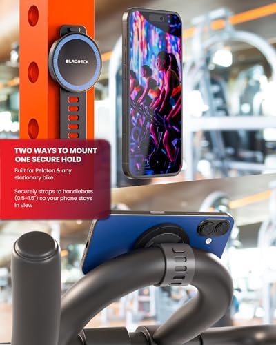 Gym Stationary Bike Mount with Adjustable Straps for Magsafe – Magnetic Phone Holder for Gym Equipment & Golf Push Cart – Compatible with Peloton Accessories – Strong Rear Magnets for Secure Hold – Enhanced Compatibility and Speed