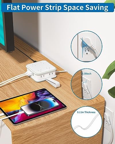 Maximize Connectivity with NTONPOWER 8-Outlet Flat Extension Cord & 3 USB Ports – 6 FT Wall-Mounted Power Strip for Home, Office, and Dorm Use – Space-Saving Design with Surge Protection and High-Speed Charging for All Your Devices
