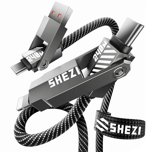 SHEZI Premium 4-in-1 5 FT USB-C Lightning Cable – Versatile Multi-Device Charging Solution with Fast Charging Capability, Durable Nylon Braided Design, and Enhanced Compatibility for i Phone, i Pad, and USB-C Devices – Stylish Grey Finish for Modern Tech Users