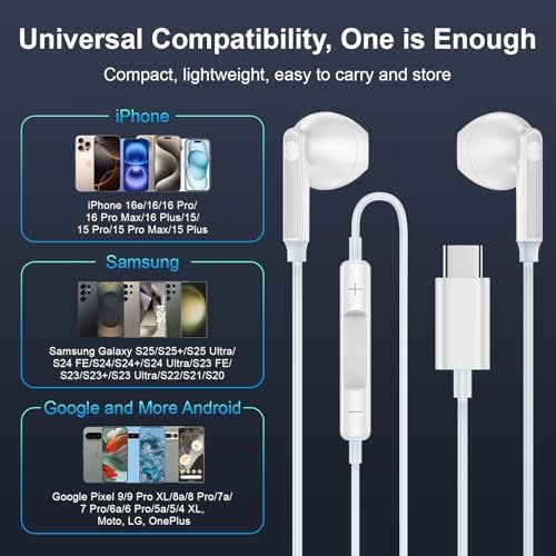 Premium USB-C Wired Earbuds for Samsung Galaxy S Series & i Phone 16 – Unrivaled Sound Clarity, Ergonomic Comfort, and Extensive Device Compatibility – Dual Pack for Enhanced Listening Experience