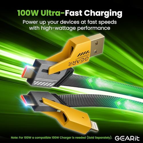 Ultimate 4-in-1 Fast-Charging Cable by GEARit – 100 W USB-C, USB-A & Lightning Connectors for Seamless Multi-Device Charging – 4.6 Feet Tangle-Free Flat Design for Enhanced Portability – Compatible with i Phone, Mac Book Pro, Tablets & More – Elevate Your Power Experience with Superior Durability and Efficiency