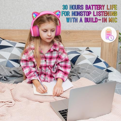IFECCO Wireless Kids Bluetooth Cat Ear Headphones – Fun Light-Up Design with Volume Limiting Feature, Built-in Microphone, and Foldable Portability for Travel and Learning – Ultimate Gift for Young Music Enthusiasts
