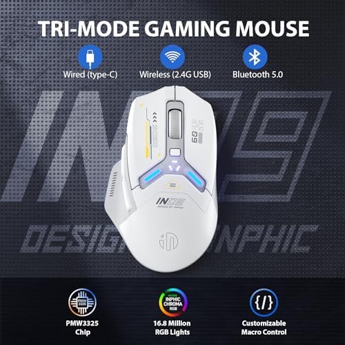 INPHIC IN9 Wireless Gaming Mouse – Versatile Tri-Mode Connectivity (Bluetooth, Type-C, 2.4 GHz), 10,000 DPI Precision, RGB Backlit Customization, Ergonomic Design for Ultimate Comfort, Fully Programmable for Gamers and Professionals on PC, Laptop, and Mac