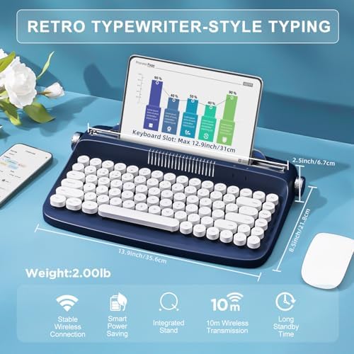 YUNZII ACTTO B303 Wireless Typewriter Keyboard – Adorable Sweet Mint Retro Design with Bluetooth Connectivity for Seamless Multi-Device Typing – Integrated Stand for Tablets, Phones, PCs – Perfect for Windows, Mac, Android Users – Elevate Your Workspace with Vintage Charm and Enhanced Typing Speed