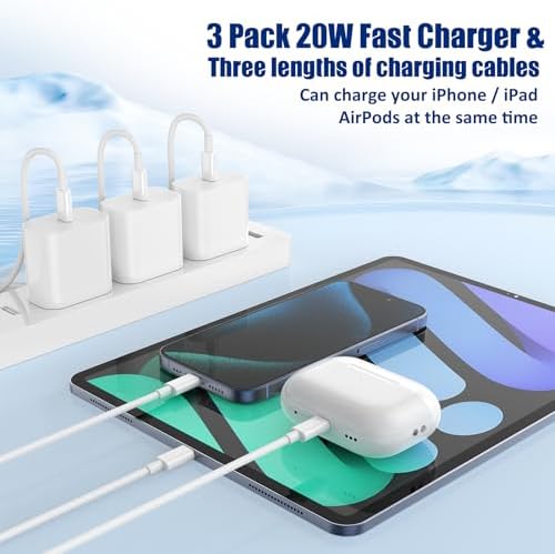 High-Speed Charging Essentials: i Phone 16/15 Charger 3-Pack with 20 W USB-C Power Adapters – Includes 3 Versatile Wall Cables (3, 6, & 10 FT) for i Phone 16/15 Series, i Pad Pro, Air Pods, and Samsung Devices – Unmatched Power Delivery and Durability for On-the-Go Convenience