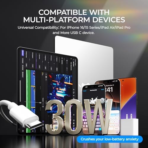 30 W USB-C Fast Charger Block with 6 ft & 10 ft Cables – Ultimate Charging Solution for i Phone 16, 16 Pro Max, 15, i Pad Pro & Samsung Galaxy S24 Ultra – Unmatched Speed, Safety & Versatility for Daily Use