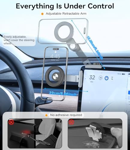 CloudValley Phone Mount for Tesla Model Y Juniper Model 3 Highland Model S/X 2025, Magnetic Metal Car Mount, Adjustable & Extendable, No Glue Required, Compatible with MagSafe iPhone 16/15/14/13/12 – Enhanced Compatibility and Speed